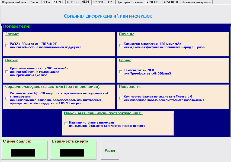 Шкала ODIN (мультиорганная дисфункция и\или инфекция)