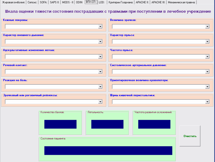 Шкала ВПХ-СП (шкала оценки тяжести состояния пострадавших с травмами при поступлении в лечебное учреждение)